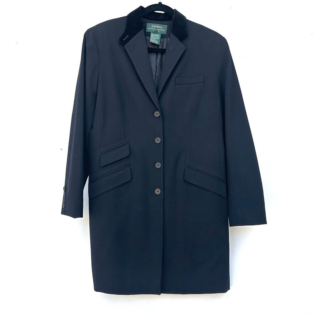 Vintage Ralph Lauren Wool Long Blazer Coat Black Jacket 8 Petite Velvet - Picture 2 of 9